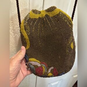 Jeromes Beaded Drawstring Evening Bag in Brown and Yellow